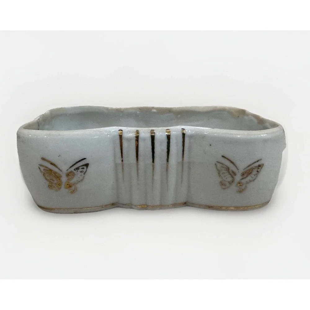 VTG Ceramic Soap Dish White Gold Brown Butterfly MCM Hand Painted‎ Made In Japan